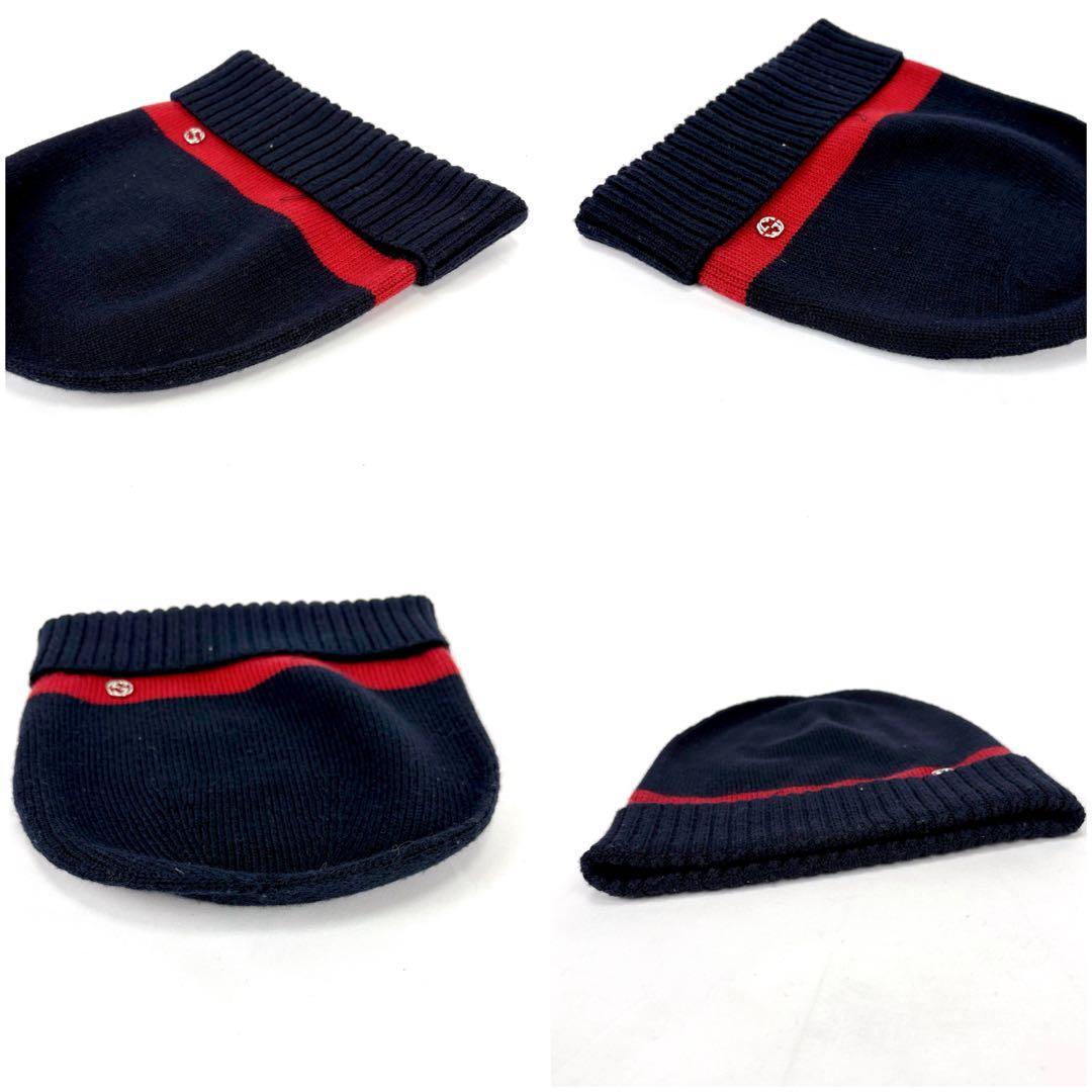 Gucci Knit Cap GG Logo Sherry Line Navy Red Size M Men's Authentic