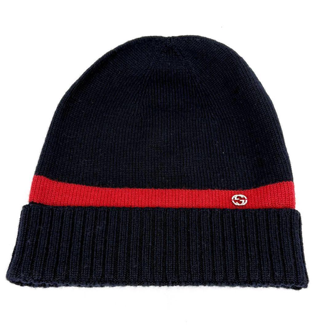 Gucci Knit Cap GG Logo Sherry Line Navy Red Size M Men's Authentic