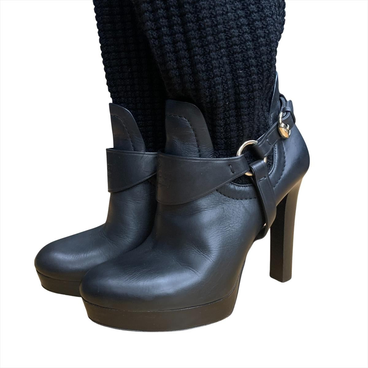 GUCCI Long Boots Shoes EU 36 US 6 Knit Leather Black Authentic