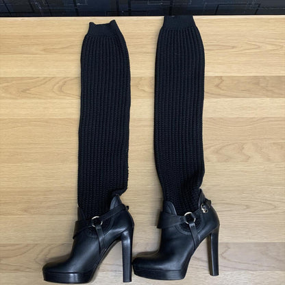 GUCCI Long Boots Shoes EU 36 US 6 Knit Leather Black Authentic