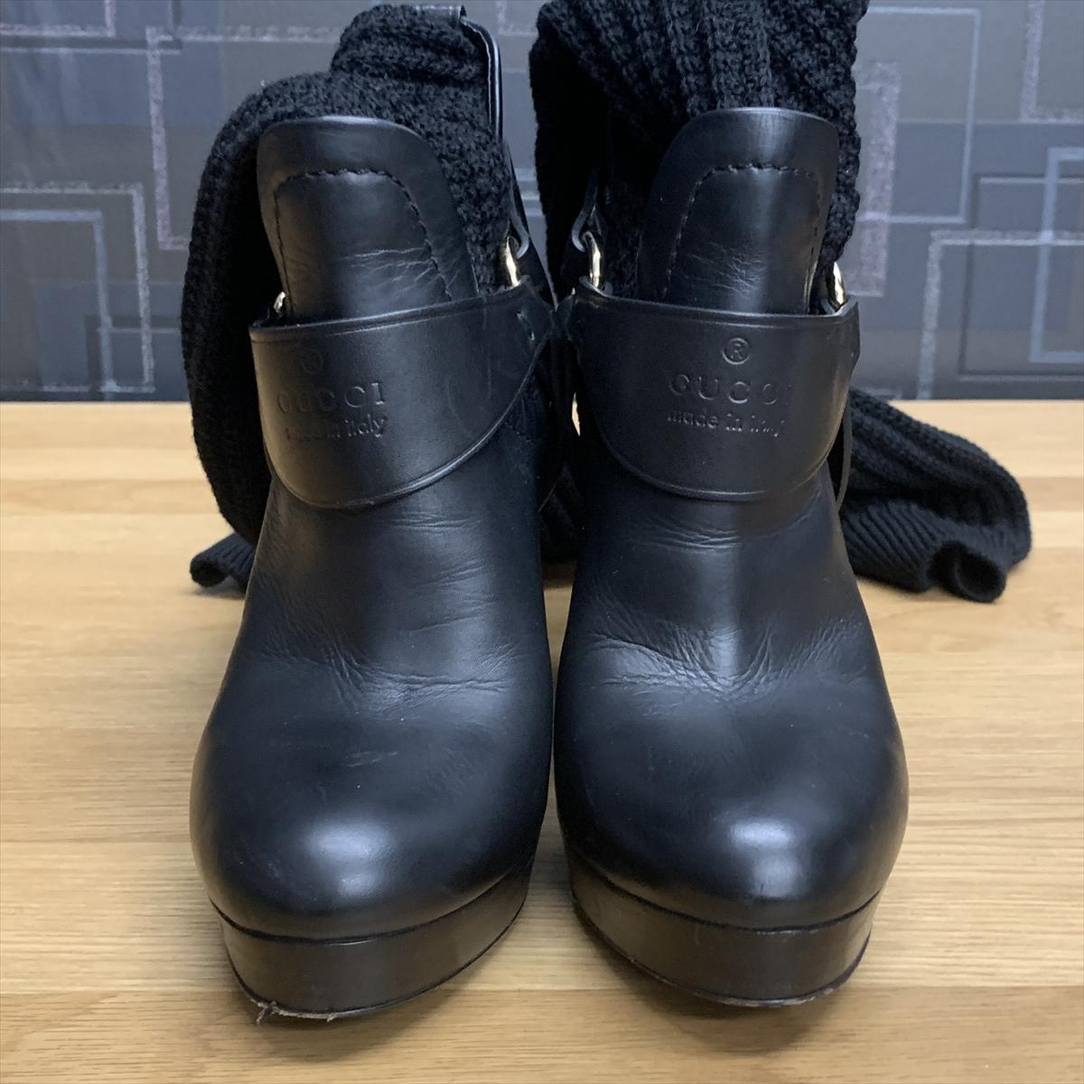 GUCCI Long Boots Shoes EU 36 US 6 Knit Leather Black Authentic