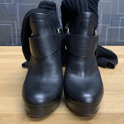 GUCCI Long Boots Shoes EU 36 US 6 Knit Leather Black Authentic