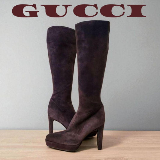 GUCCI Long Boots Shoes EU 35.5 US 5.5 Suede Dark Brown Authentic