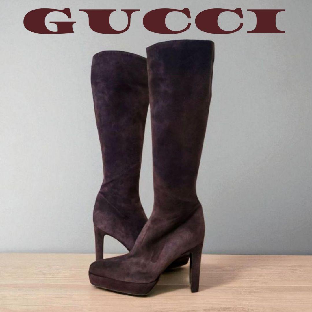 GUCCI Long Boots Shoes EU 35.5 US 5.5 Suede Dark Brown Authentic