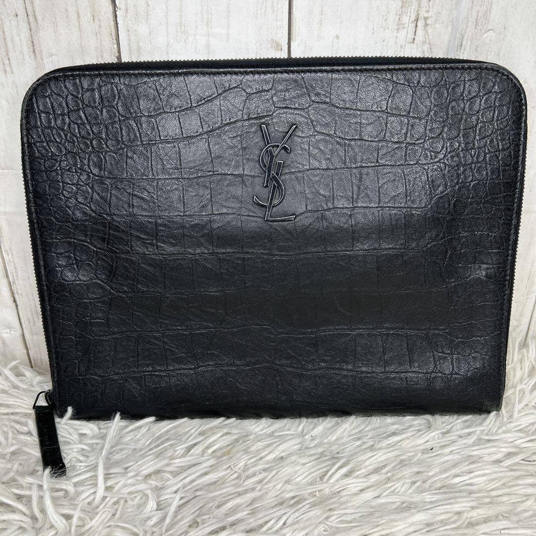 Saint Laurent Clutch Bag Second Bag YSL Cassandra Leather Black Authentic