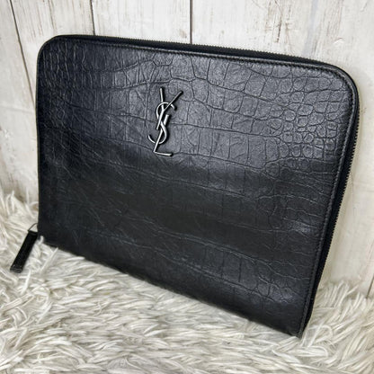 Saint Laurent Clutch Bag Second Bag YSL Cassandra Leather Black Authentic