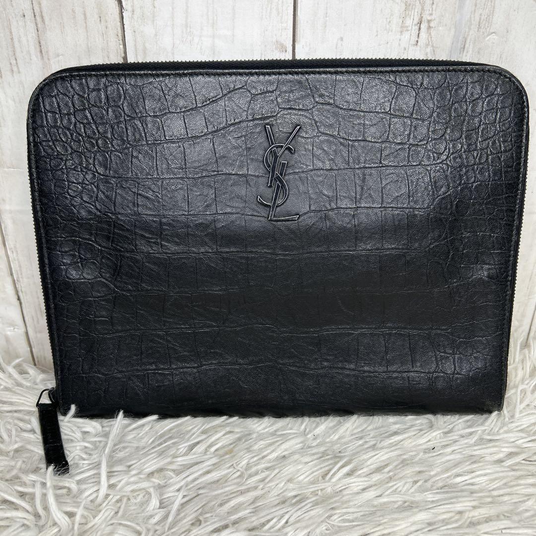Saint Laurent Clutch Bag Second Bag YSL Cassandra Leather Black Authentic