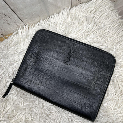 Saint Laurent Clutch Bag Second Bag YSL Cassandra Leather Black Authentic