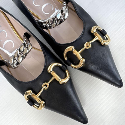 GUCCI Shoes Pumps Heel Chain Horsebit EU 37 US 7 Leather Black Authentic
