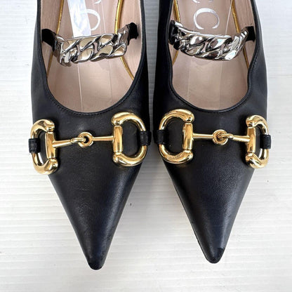 GUCCI Shoes Pumps Heel Chain Horsebit EU 37 US 7 Leather Black Authentic