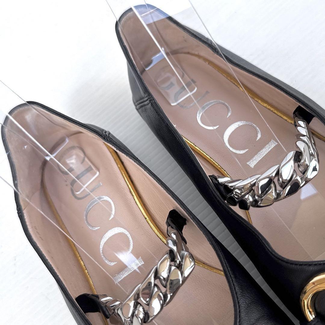 GUCCI Shoes Pumps Heel Chain Horsebit EU 37 US 7 Leather Black Authentic