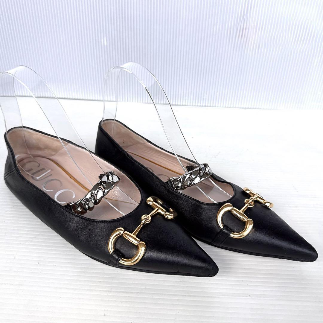 GUCCI Shoes Pumps Heel Chain Horsebit EU 37 US 7 Leather Black Authentic