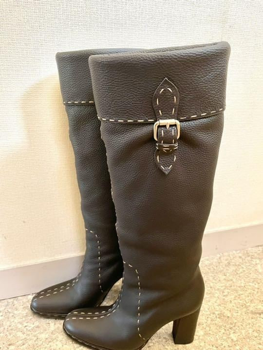 FENDI Long Boots Shoes EU 37 US 7 Leather Brown Authentic