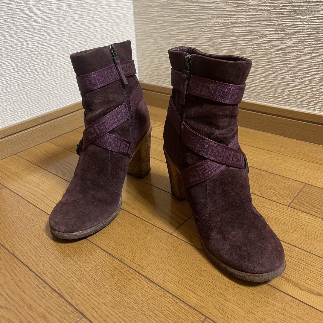 FENDI Short Boots Shoes FF Zucca EU 37 US 7 Suede Bordeaux Authentic