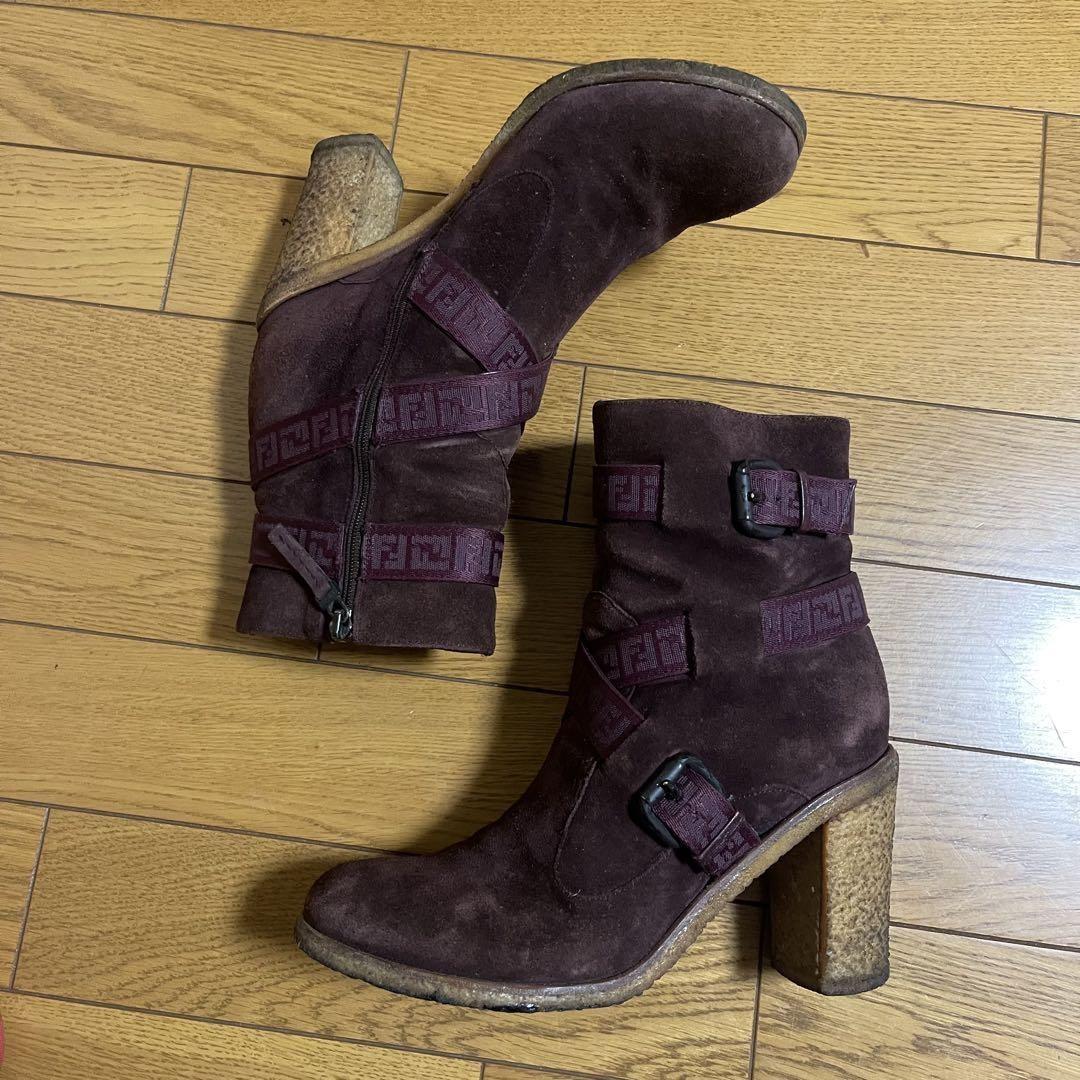 FENDI Short Boots Shoes FF Zucca EU 37 US 7 Suede Bordeaux Authentic