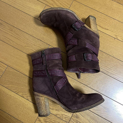 FENDI Short Boots Shoes FF Zucca EU 37 US 7 Suede Bordeaux Authentic
