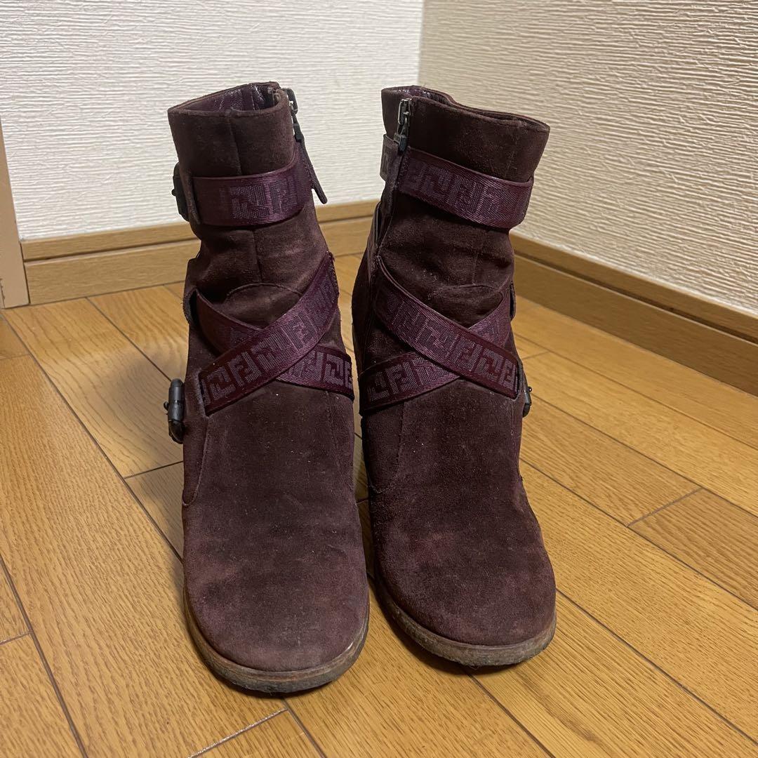 FENDI Short Boots Shoes FF Zucca EU 37 US 7 Suede Bordeaux Authentic