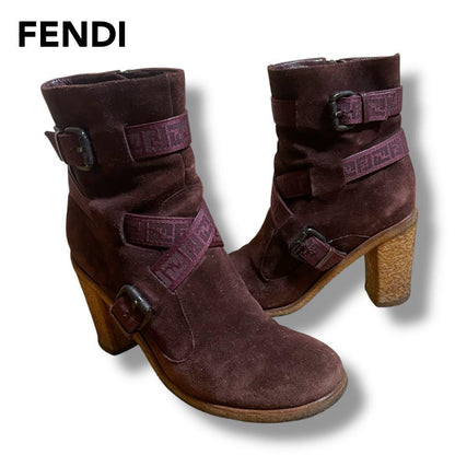 FENDI Short Boots Shoes FF Zucca EU 37 US 7 Suede Bordeaux Authentic