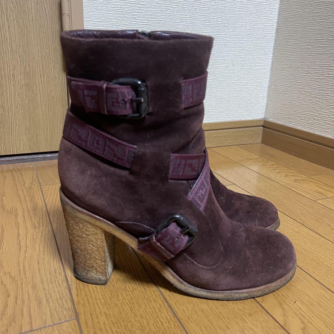 FENDI Short Boots Shoes FF Zucca EU 37 US 7 Suede Bordeaux Authentic