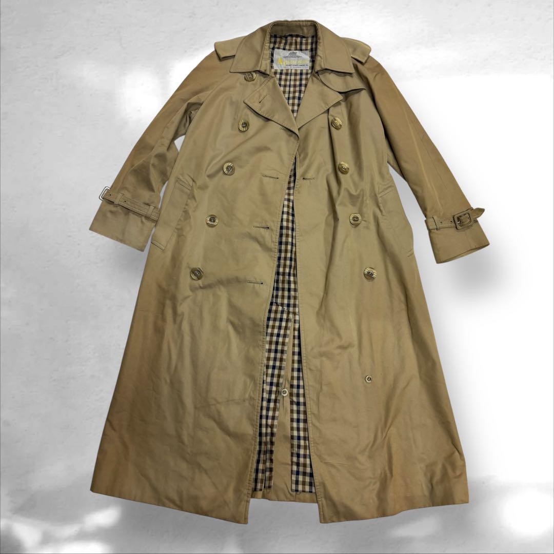 Aquascutum Long Trench Coat Club Check Asian fit M US size S Beige Authentic