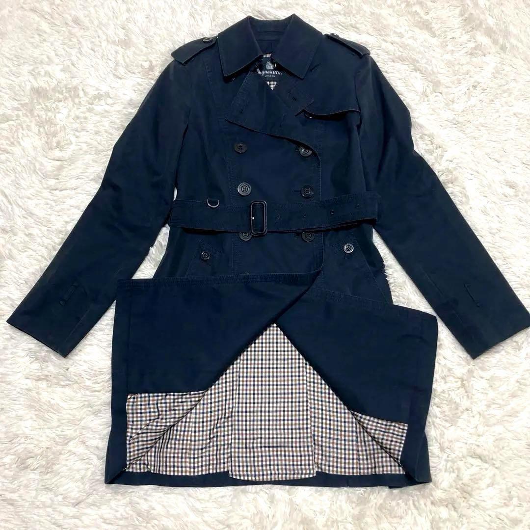 Aquascutum London Trench Coat Club Check Asian fit L US size M Navy Authentic