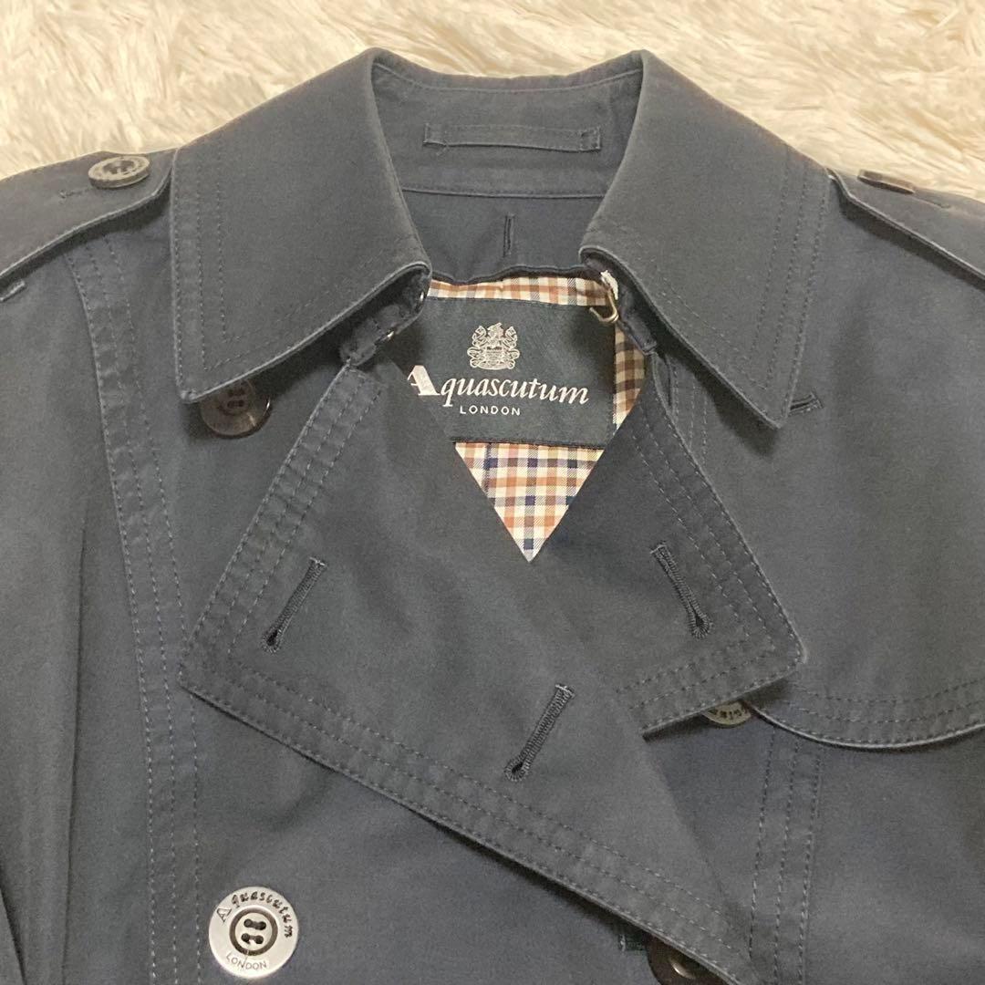 Aquascutum London Trench Coat Club Check Asian fit L US size M Navy Authentic