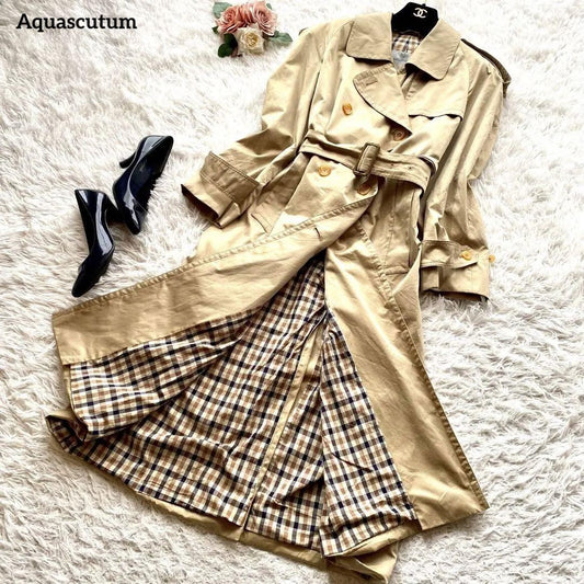 Aquascutum Trench Coat Club Check Asian fit XL US size L Beige Authentic