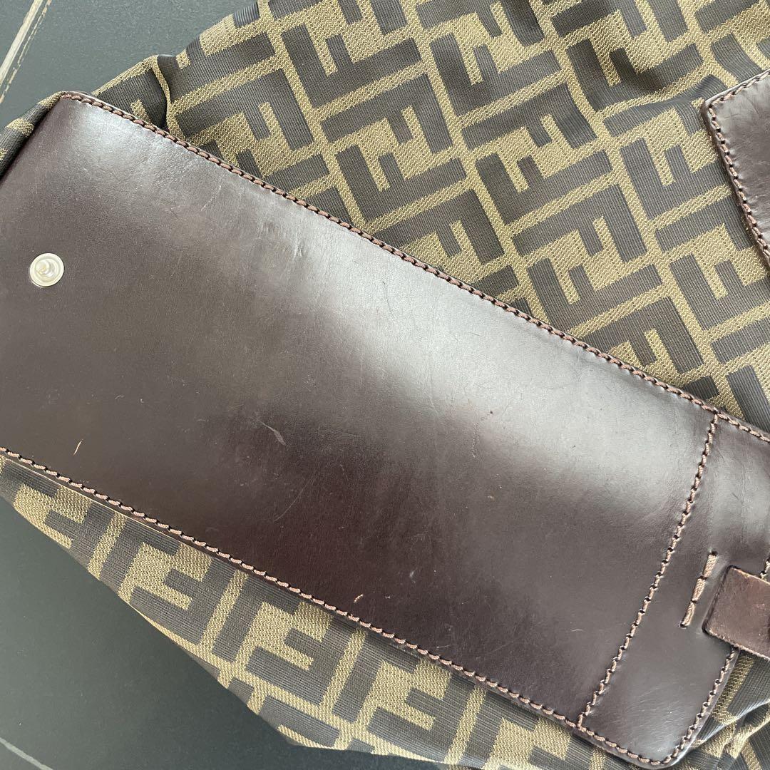 FENDI Hand Bag Tote Purse FF Zucca Nylon Leather Brown Authentic