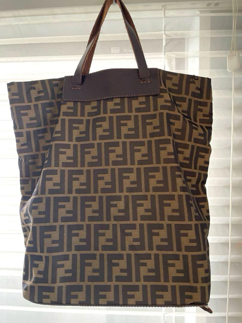 FENDI Hand Bag Tote Purse FF Zucca Nylon Leather Brown Authentic