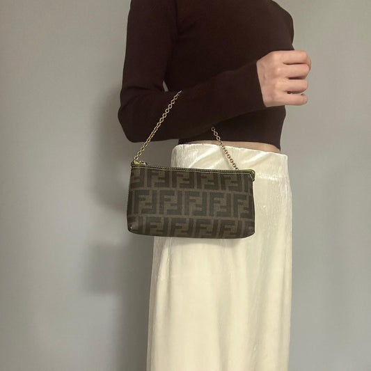 FENDI Bag FF Zucca PVC Chain Hand Tote Purse Leather Brown Green Gold Authentic