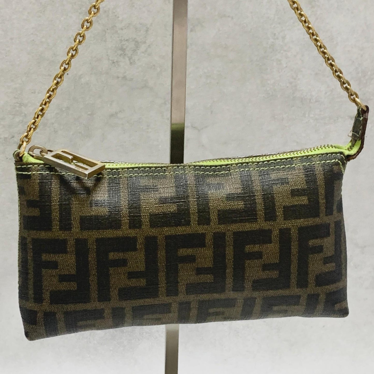 FENDI Bag FF Zucca PVC Chain Hand Tote Purse Leather Brown Green Gold Authentic