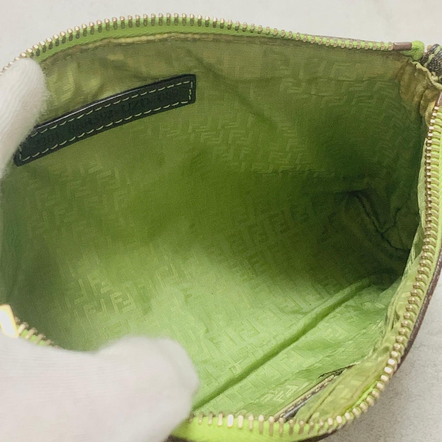 FENDI Bag FF Zucca PVC Chain Hand Tote Purse Leather Brown Green Gold Authentic