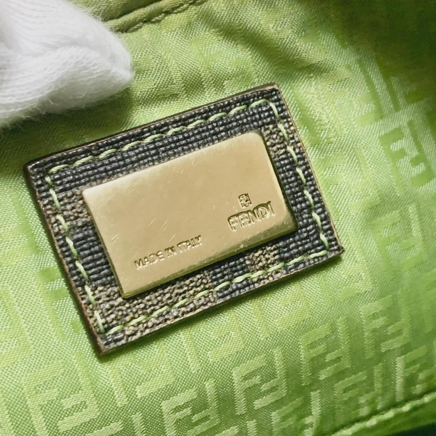 FENDI Bag FF Zucca PVC Chain Hand Tote Purse Leather Brown Green Gold Authentic