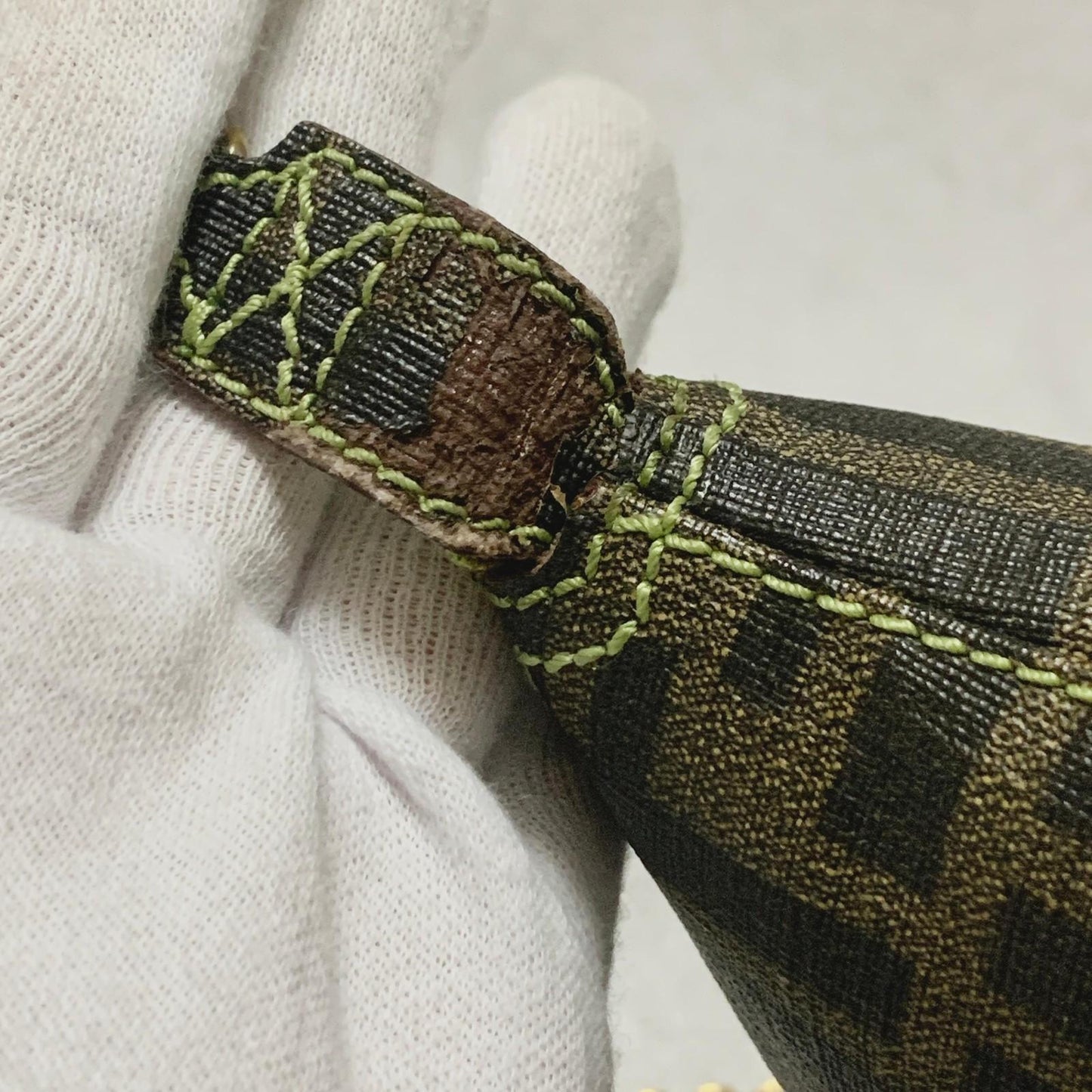 FENDI Bag FF Zucca PVC Chain Hand Tote Purse Leather Brown Green Gold Authentic