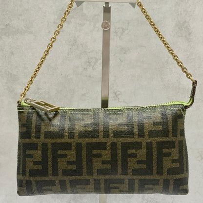 FENDI Bag FF Zucca PVC Chain Hand Tote Purse Leather Brown Green Gold Authentic