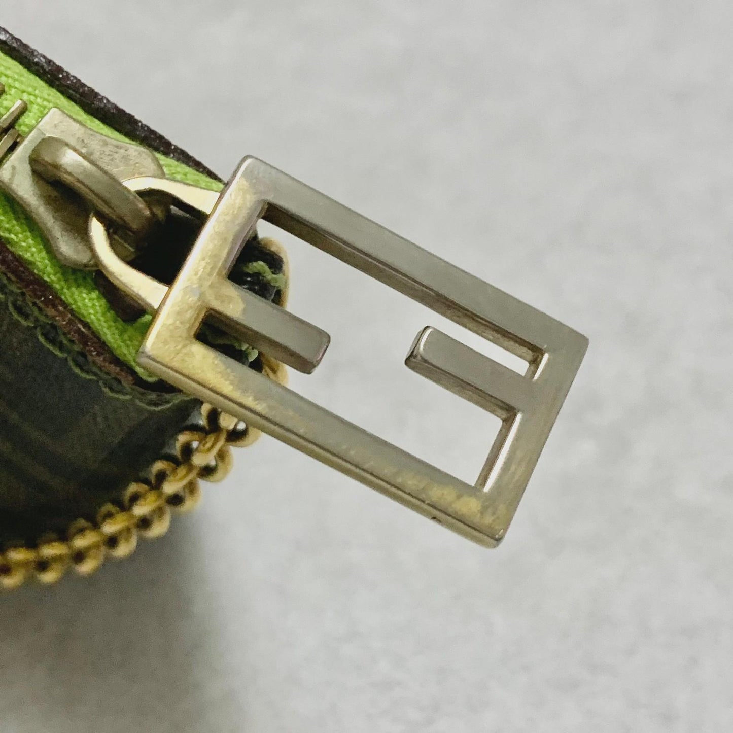 FENDI Bag FF Zucca PVC Chain Hand Tote Purse Leather Brown Green Gold Authentic