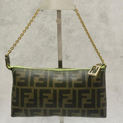 FENDI Bag FF Zucca PVC Chain Hand Tote Purse Leather Brown Green Gold Authentic