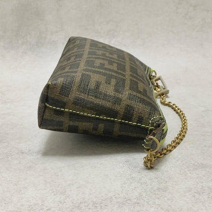 FENDI Bag FF Zucca PVC Chain Hand Tote Purse Leather Brown Green Gold Authentic