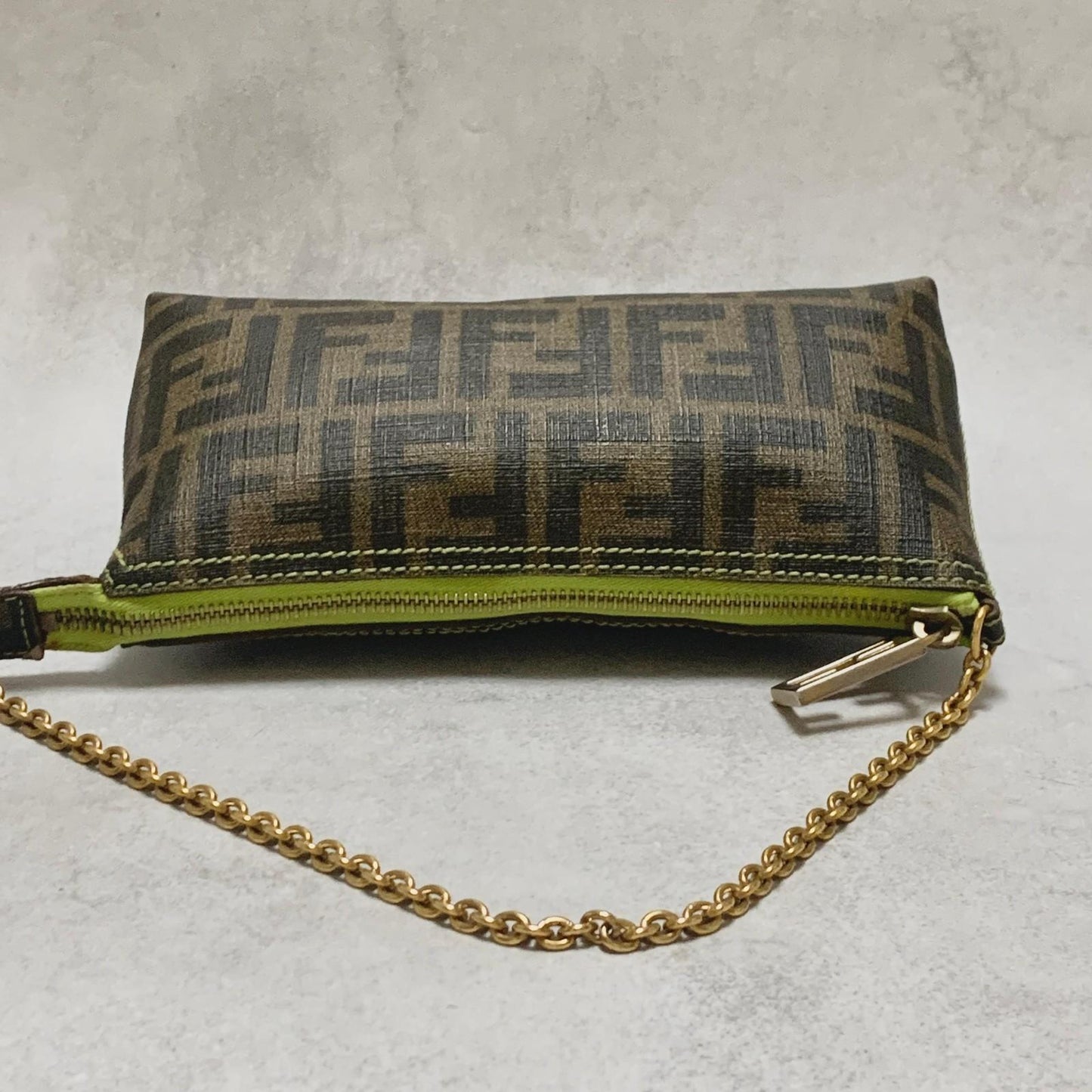 FENDI Bag FF Zucca PVC Chain Hand Tote Purse Leather Brown Green Gold Authentic