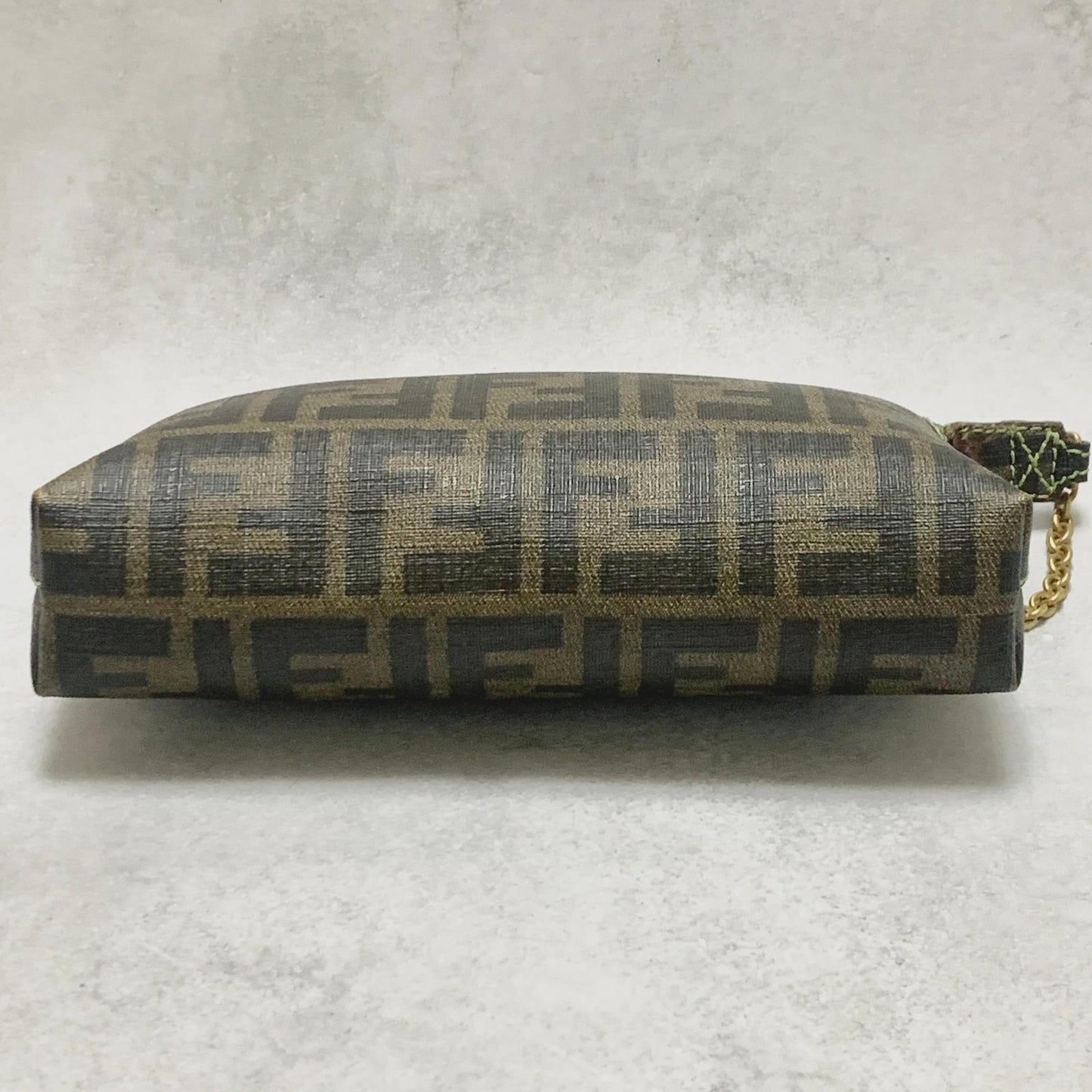 FENDI Bag FF Zucca PVC Chain Hand Tote Purse Leather Brown Green Gold Authentic