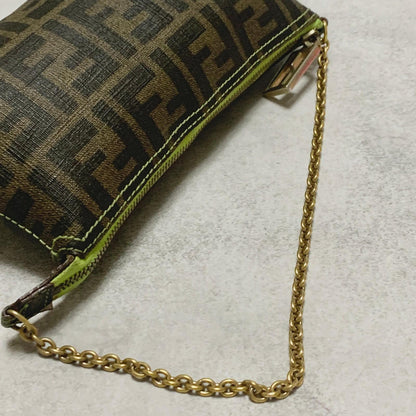 FENDI Bag FF Zucca PVC Chain Hand Tote Purse Leather Brown Green Gold Authentic