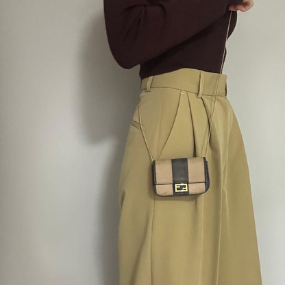 FENDI Nano Baguette Chain Bag Shoulder Pouch Purse FF Beige Gold Usesd Authentic