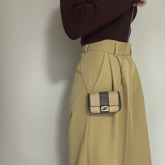 FENDI Nano Baguette Chain Bag Shoulder Pouch Purse FF Beige Gold Usesd Authentic