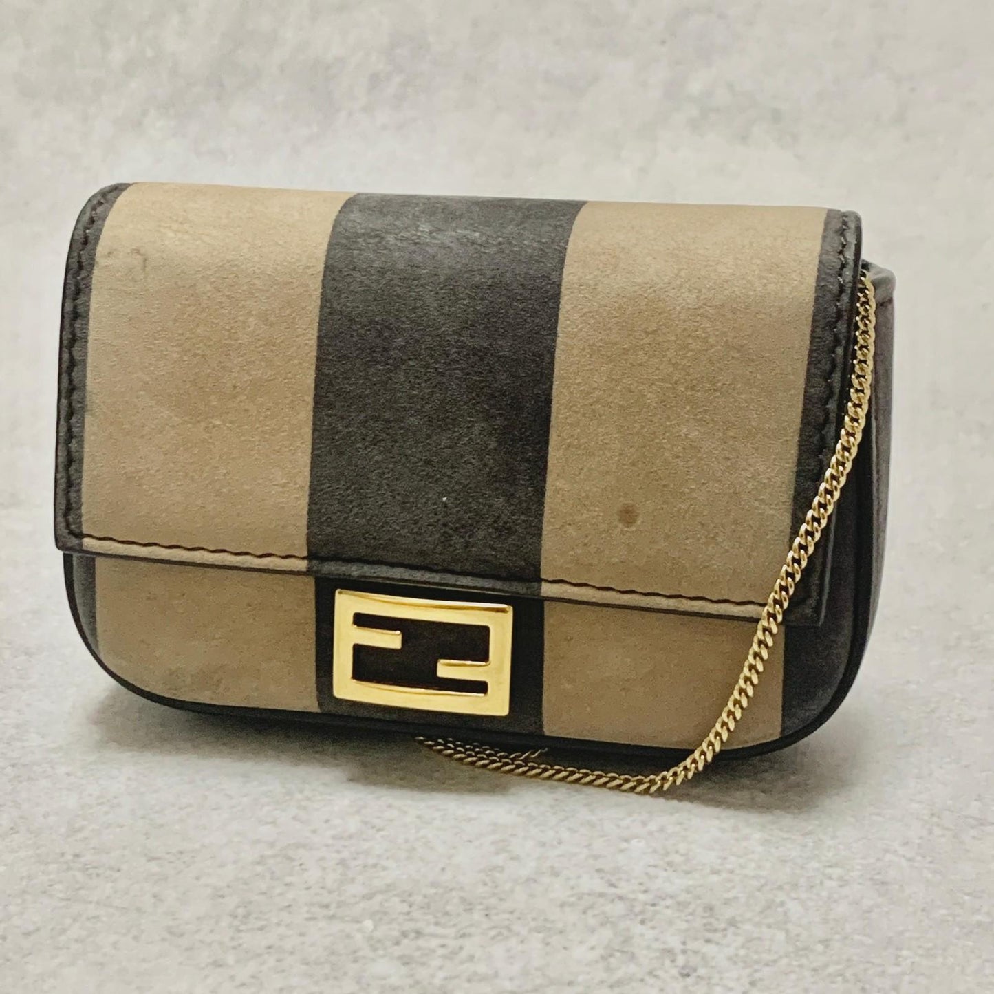 FENDI Nano Baguette Chain Bag Shoulder Pouch Purse FF Beige Gold Usesd Authentic
