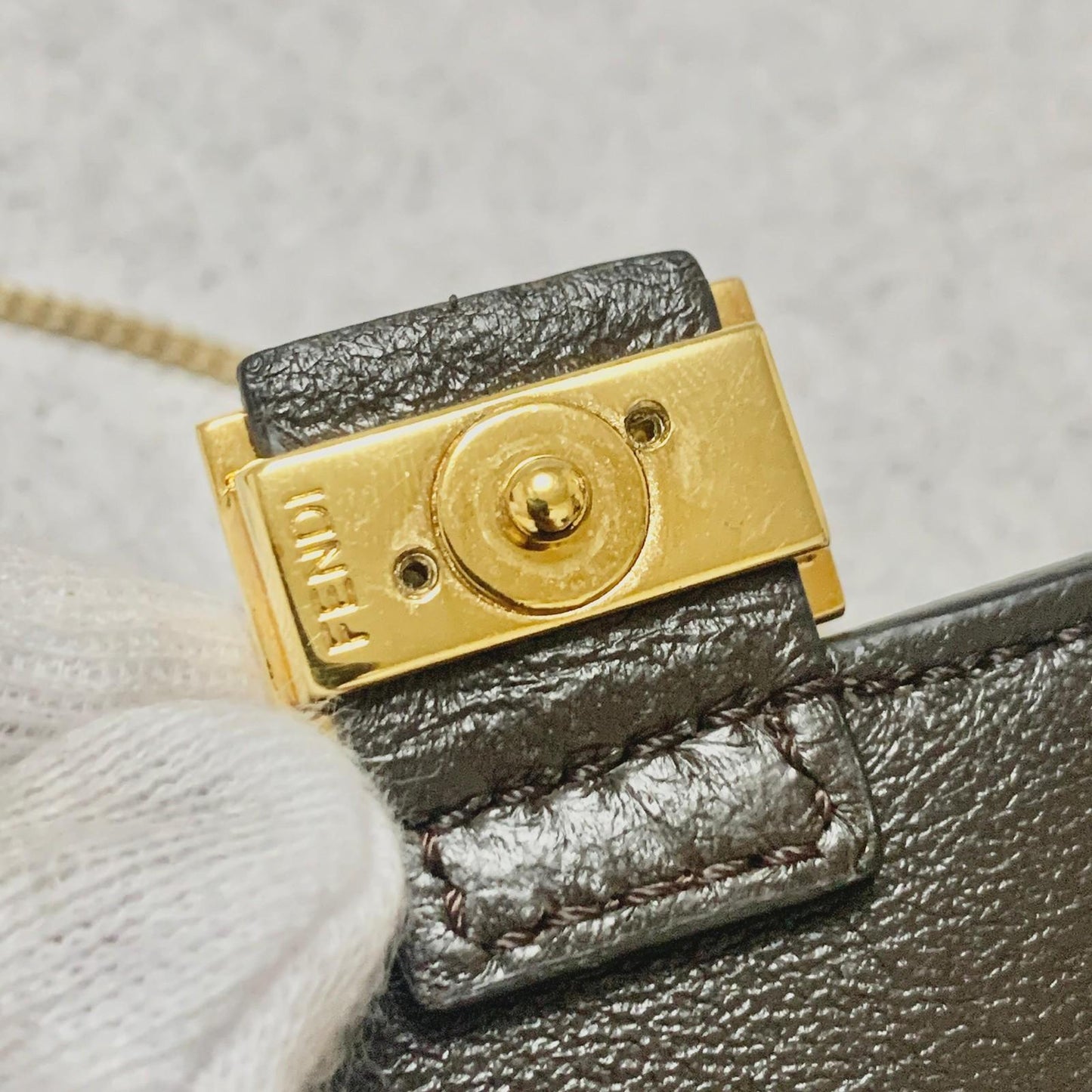 FENDI Nano Baguette Chain Bag Shoulder Pouch Purse FF Beige Gold Usesd Authentic