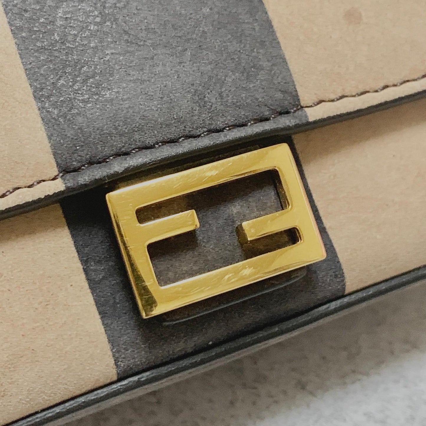 FENDI Nano Baguette Chain Bag Shoulder Pouch Purse FF Beige Gold Usesd Authentic