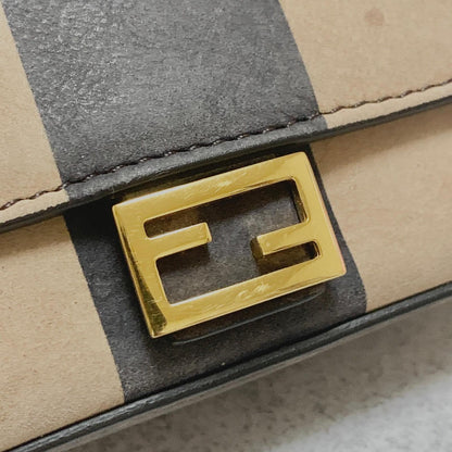 FENDI Nano Baguette Chain Bag Shoulder Pouch Purse FF Beige Gold Usesd Authentic