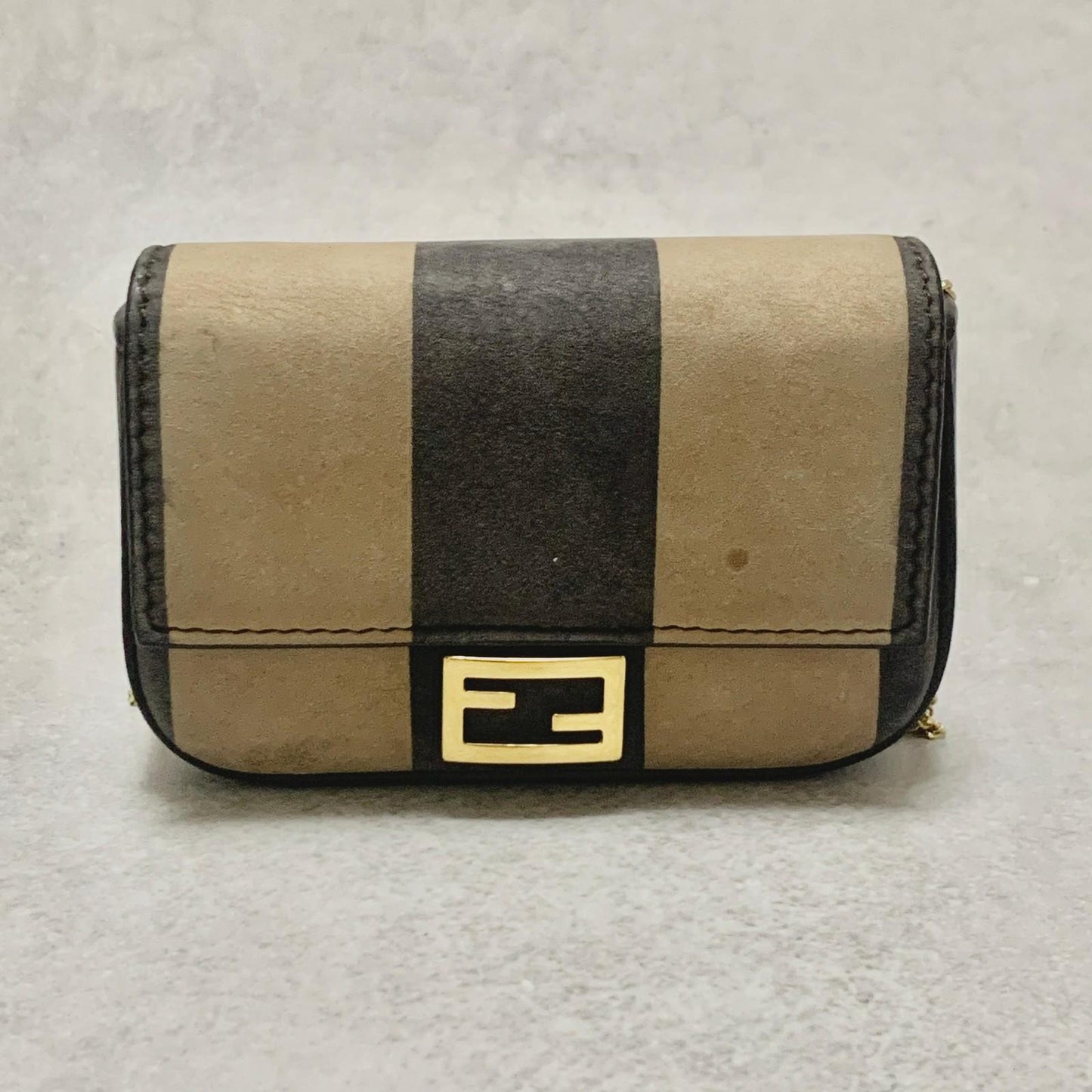 FENDI Nano Baguette Chain Bag Shoulder Pouch Purse FF Beige Gold Usesd Authentic