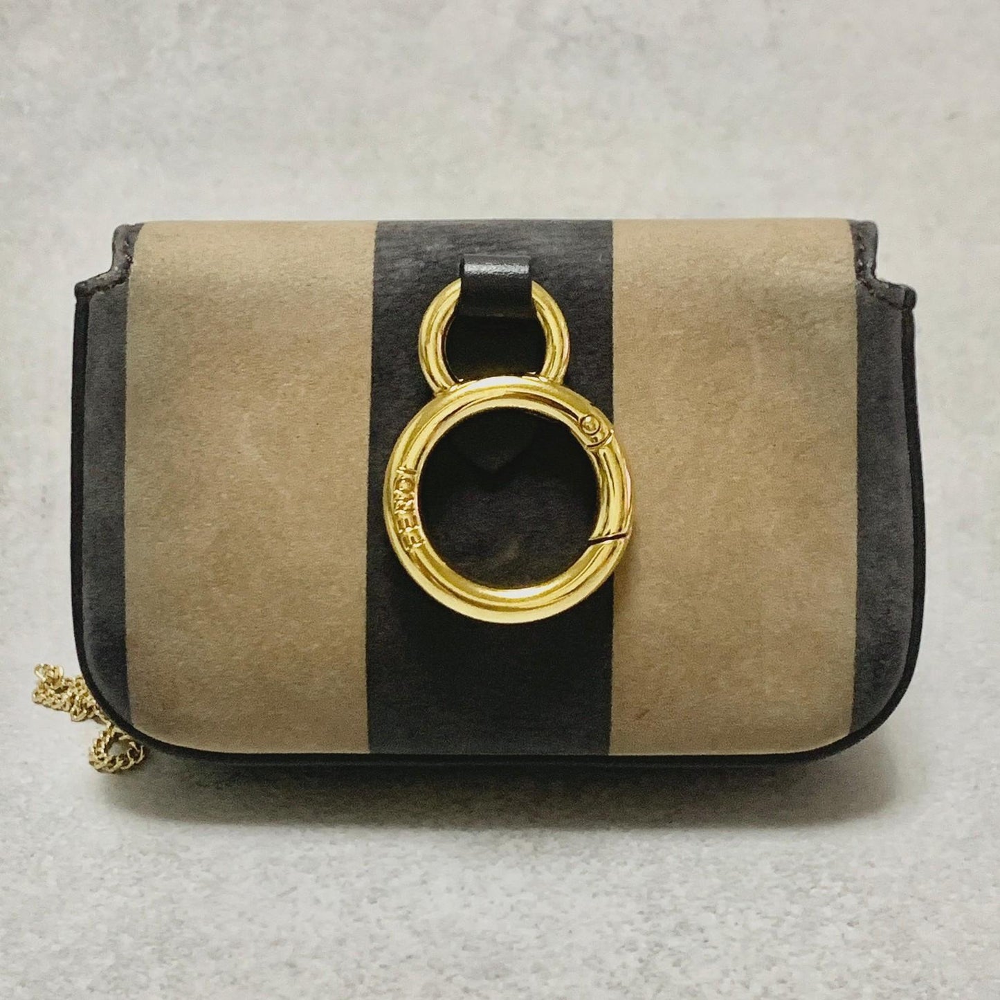 FENDI Nano Baguette Chain Bag Shoulder Pouch Purse FF Beige Gold Usesd Authentic