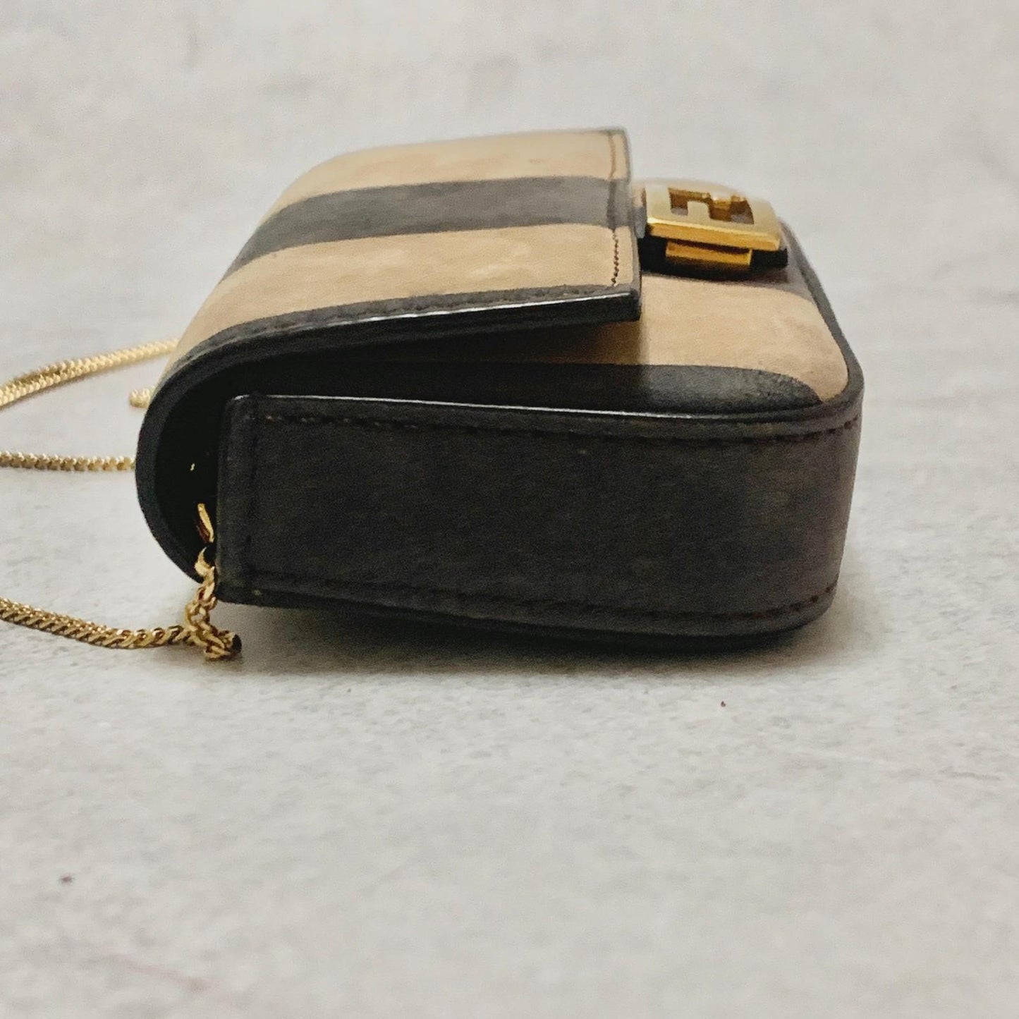 FENDI Nano Baguette Chain Bag Shoulder Pouch Purse FF Beige Gold Usesd Authentic